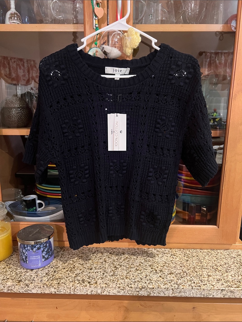Joie Black Openwork Cotton Crewneck Sweater